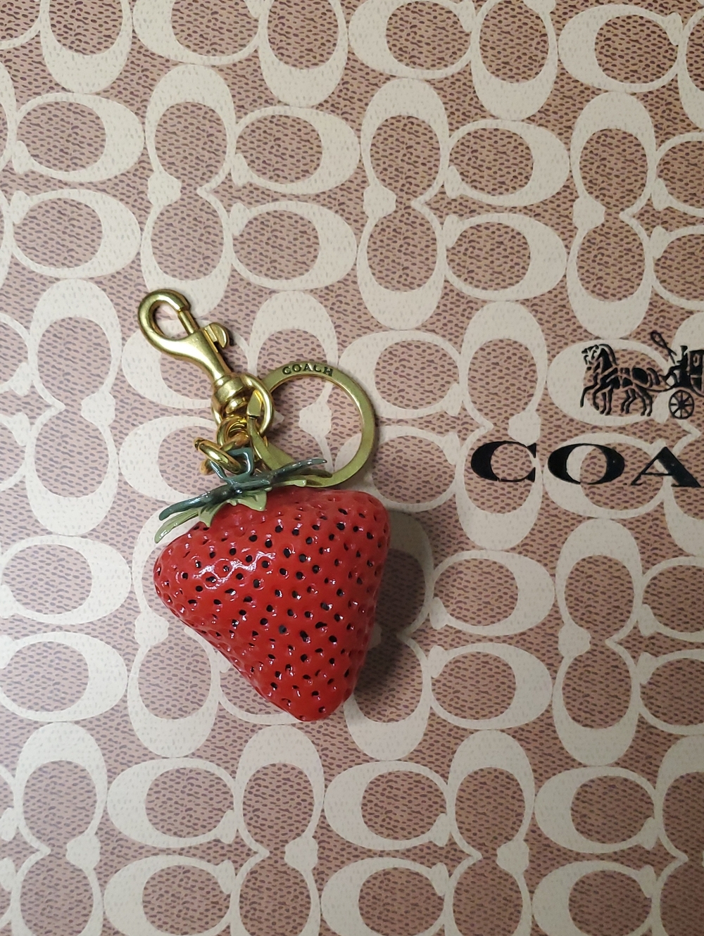 COACH Red Enamel Strawberry Charm Key Ring with Gold Hardware